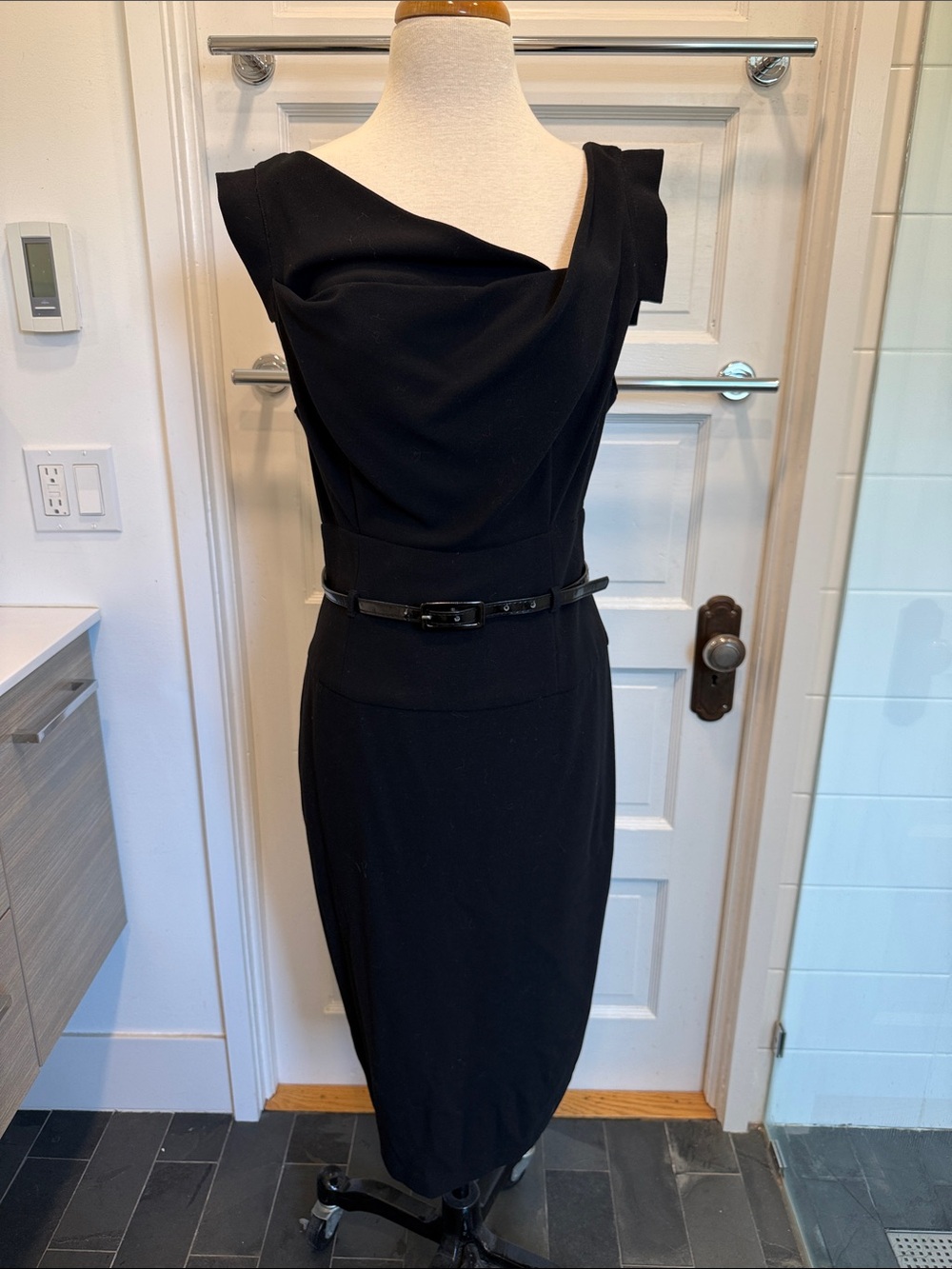 Elegant Black Halo “Jackie O” Sheath Dress with Waist Belt